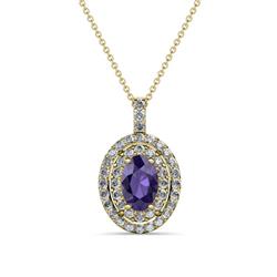 Calice Iolite and Diamond Double Halo Pendant Oval Cut x Iolite and Diamond Womens Double Halo Pendant Necklace ctw K Yellow GoldIncluded Inches K Yellow Gold Chain