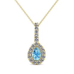 Quy ctw x Pear Shape Blue Topaz and Round Natural Diamond Teardrop Halo Pendant Pear Shape Blue Topaz and Round Natural Diamond ctw Halo Pendant in K Yellow GoldIncluded Inches K Yellow Gold Chain
