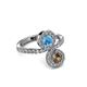 3 - Kevia Smoky Quartz and Blue Topaz with Side Diamonds Bypass Ring 