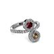 3 - Kevia Smoky Quartz and Ruby with Side Diamonds Bypass Ring 