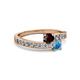 2 - Olena Red Garnet and Blue Topaz with Side Diamonds Bypass Ring 