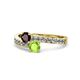 1 - Olena Red Garnet and Peridot with Side Diamonds Bypass Ring 