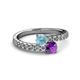 2 - Delise 5.00mm Round Aquamarine and Amethyst with Side Diamonds Bypass Ring 