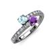 3 - Delise 5.00mm Round Aquamarine and Amethyst with Side Diamonds Bypass Ring 