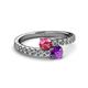 2 - Delise 5.00mm Round Pink Tourmaline and Amethyst with Side Diamonds Bypass Ring 
