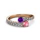2 - Delise 5.00mm Round Amethyst and Pink Tourmaline with Side Diamonds Bypass Ring 