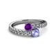 2 - Delise 5.00mm Round Amethyst and Tanzanite with Side Diamonds Bypass Ring 