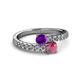 2 - Delise 5.00mm Round Amethyst and Rhodolite Garnet with Side Diamonds Bypass Ring 