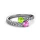 2 - Delise 5.00mm Round Peridot and Pink Sapphire with Side Diamonds Bypass Ring 