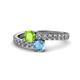 1 - Delise 5.00mm Round Peridot and Blue Topaz with Side Diamonds Bypass Ring 