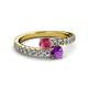 2 - Delise 5.00mm Round Rhodolite Garnet and Amethyst with Side Diamonds Bypass Ring 