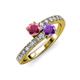 3 - Delise 5.00mm Round Rhodolite Garnet and Amethyst with Side Diamonds Bypass Ring 