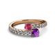 2 - Delise 5.00mm Round Rhodolite Garnet and Amethyst with Side Diamonds Bypass Ring 