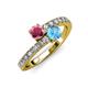 3 - Delise 5.00mm Round Rhodolite Garnet and Blue Topaz with Side Diamonds Bypass Ring 