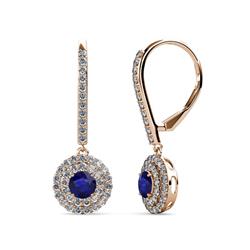 Mavra Blue Sapphire and Diamond Double Halo Dangling Earrings Round Blue Sapphire and Diamond Womens Double Halo Drop and Dangle Earrings ctw K Rose Gold