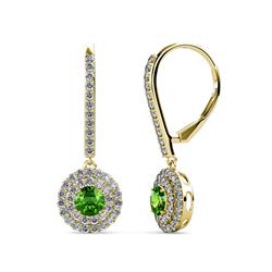 Mavra Green Garnet and Diamond Double Halo Dangling Earrings Round Green Garnet and Diamond Womens Double Halo Drop and Dangle Earrings ctw K Yellow Gold