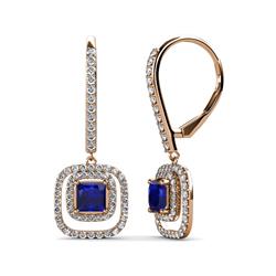 Turia Blue Sapphire and Diamond Double Halo Dangling Earrings Princess Cut Blue Sapphire and Diamond Double Halo Dangling Earrings ctw in K Rose Gold