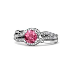 Aimee Signature Pink Tourmaline and Diamond Bypass Halo Engagement Ring ctw Round Pink Tourmaline and Diamond Swirl Womens Halo Engagement Ring K White Gold