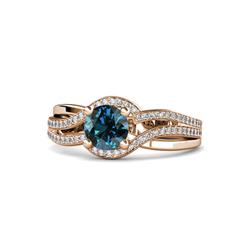 Aimee Signature Blue and White Diamond Bypass Halo Engagement Ring ctw Round Blue and White Diamond Swirl Womens Halo Engagement Ring K Rose Gold