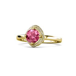 Anneka Signature Pink Tourmaline and Diamond Halo Engagement Ring ctw Round Pink Tourmaline and Diamond Milgrain Womens Halo Engagement Ring K Yellow Gold