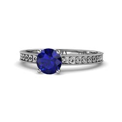 Janina Classic Blue Sapphire Solitaire Engagement Ring Blue Sapphire Heart Engraved Milgrain Womens Solitaire Engagement Ring ct K White Gold