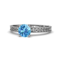 Janina Classic Blue Topaz Solitaire Engagement Ring Blue Topaz Heart Engraved Milgrain Womens Solitaire Engagement Ring ct K White Gold