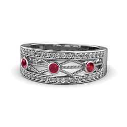 Aurelia ctw Ruby and Natural Diamonds Wedding Band ctw Ruby and Natural Diamonds Rope Filigree Wedding Band with Side Heart and Drop Design in K White Gold