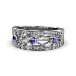 Aurelia ctw Iolite and Natural Diamonds Wedding Band ctw Iolite and Natural Diamonds Rope Filigree Wedding Band with Side Heart and Drop Design in K White Gold