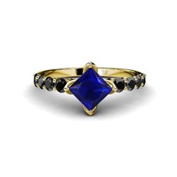 Alicia Princess Cut Lab Created Blue Sapphire and Black Diamond Engagement Ring Princess Cut Lab Created Blue Sapphire and Black Diamond Womens Engagement Ring ctw K Yellow Gold