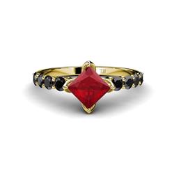 Alicia Princess Cut Lab Created Ruby and Black Diamond Engagement Ring Princess Cut Lab Created Ruby and Black Diamond Womens Engagement Ring ctw K Yellow Gold