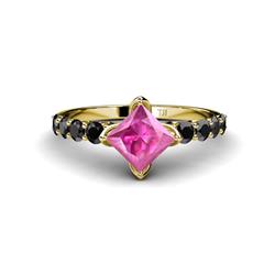 Alicia Princess Cut Lab Created Pink Sapphire and Black Diamond Engagement Ring Princess Cut Lab Created Pink Sapphire and Black Diamond Womens Engagement Ring ctw K Yellow Gold