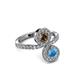 3 - Kevia Blue Topaz and Smoky Quartz with Side Diamonds Bypass Ring 