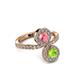 3 - Kevia Peridot and Pink Tourmaline with Side Diamonds Bypass Ring 