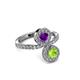 3 - Kevia Peridot and Amethyst with Side Diamonds Bypass Ring 