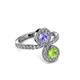 3 - Kevia Peridot and Tanzanite with Side Diamonds Bypass Ring 