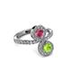 3 - Kevia Peridot and Rhodolite Garnet with Side Diamonds Bypass Ring 