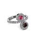 3 - Kevia Red and Rhodolite Garnet with Side Diamonds Bypass Ring 