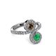3 - Kevia Emerald and Smoky Quartz with Side Diamonds Bypass Ring 