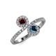4 - Kevia Red Garnet and Blue Diamond with Side Diamonds Bypass Ring 