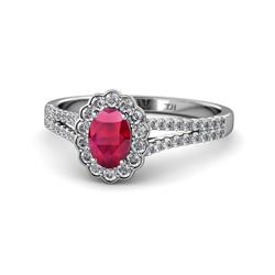 Raisa Desire Oval Cut Ruby and Diamond Halo Engagement Ring Oval Cut x Ruby and Diamond Split Shank Womens Halo Engagement Ring ctw K White Gold