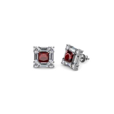 Katheryn Red Garnet and Diamond Halo Stud Earrings