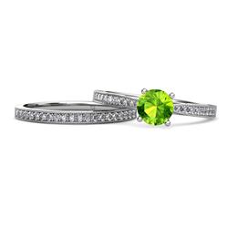 Sian Peridot and Diamond Bridal Set Ring Peridot and Diamond Milgrain Womens Engagement Ring Matching Diamond Band ctw K White Gold