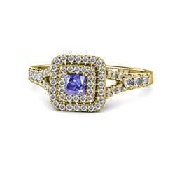 Zinnia Prima Tanzanite and Diamond Double Halo Engagement Ring Princess Cut Tanzanite and Diamond Split Shank Women Double Halo Engagement Ring ctw K Yellow Gold