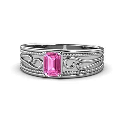Aileen Bold x Emerald Shape Pink Sapphire Solitaire Wide Band Promise Ring