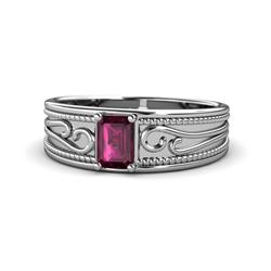 Aileen Bold x Emerald Shape Rhodolite Garnet Solitaire Wide Band Promise Ring Emerald Shape x Rhodolite Garnet ct Women Engraved Filigree Wide Band Promise Ring Sterling Silver