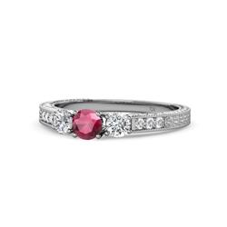 Ayaka Rhodolite Garnet and Diamond Three Stone Engagement Ring Round Rhodolite Garnet and Diamond ctw Milgrain Womens Three Stone Engagement Ring Sterling Silver
