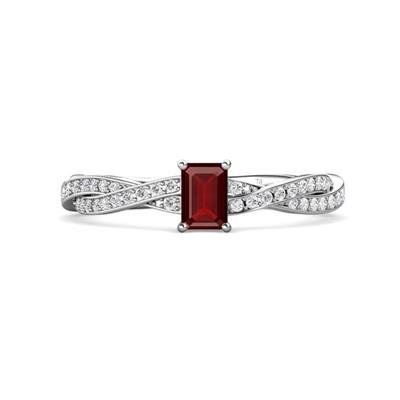 Avril Desire Emerald Cut Red Garnet and Round Diamond Twist Braided Shank Engagement Ring