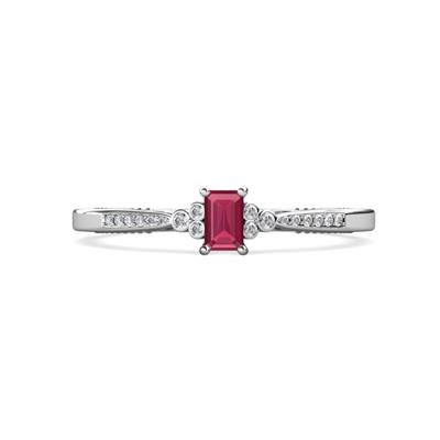 Greta Desire Emerald Cut Rhodolite Garnet and Round Diamond Engagement Ring
