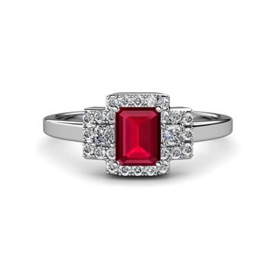 Jessica Rainbow Emerald Cut Lab Created Ruby with Round and Princess Cut Diamond Engagement Ring