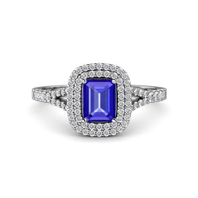 Ines Rainbow Emerald Cut Tanzanite and Round Diamond Double Halo Engagement Ring